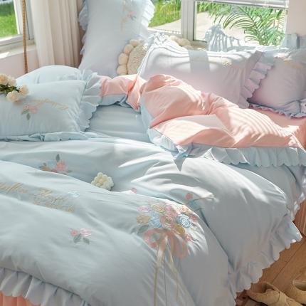 91家纺网 家纺一手货源 找家纺 包小包2024春夏直播新款韩版花熙系列臻丝棉四件套花熙天空蓝提供买家秀