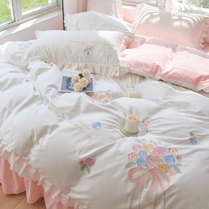 91家纺网 家纺一手货源 找家纺 包小包2024春夏直播新韩版花熙系列臻丝棉四件套花熙粉白双拼提供买家秀