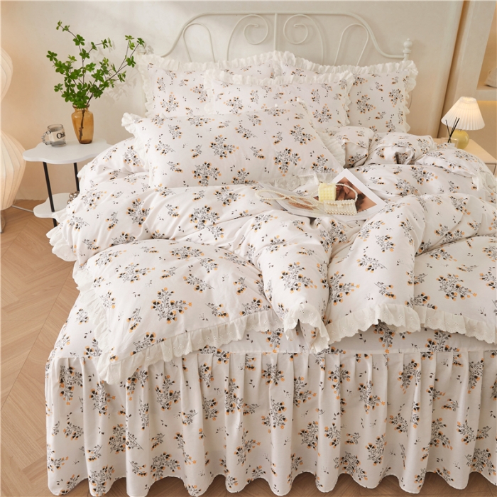 91家纺网 家纺一手货源 找家纺 十个点2024新款初遇系列 全棉床裙小清新四件套 大吉大利