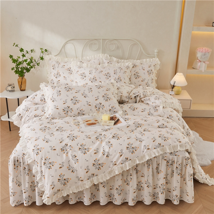 91家纺网 家纺一手货源 找家纺 十个点2024新款初遇系列 全棉床裙小清新四件套 大吉大利