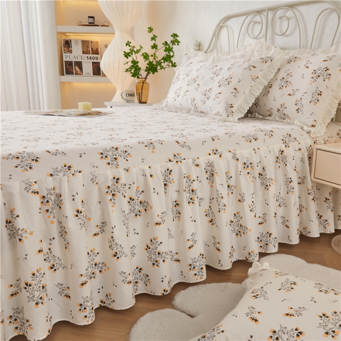 91家纺网 家纺一手货源 找家纺 十个点2024新款初遇系列 全棉床裙小清新四件套 大吉大利