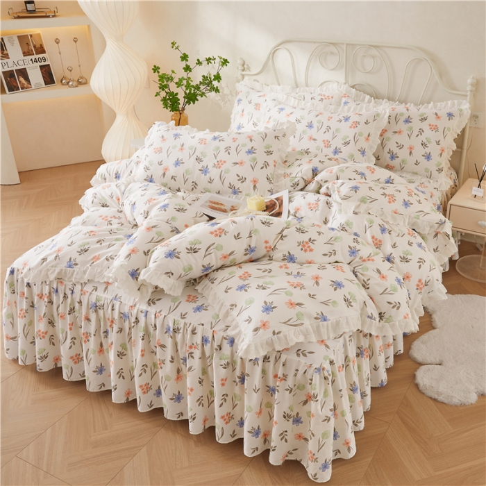 91家纺网 家纺一手货源 找家纺 十个点2024新款初遇系列 全棉床裙小清新四件套 白露