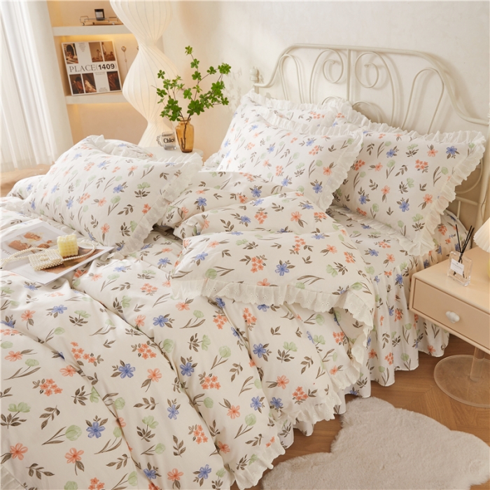 91家纺网 家纺一手货源 找家纺 十个点2024新款初遇系列 全棉床裙小清新四件套 白露