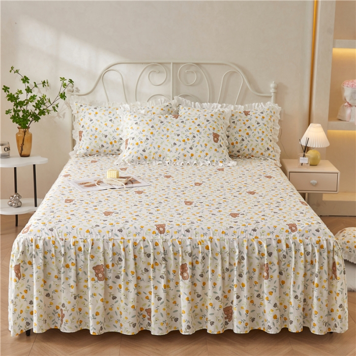 91家纺网 家纺一手货源 找家纺 十个点2024新款初遇系列 全棉床裙小清新四件套 朵朵熊