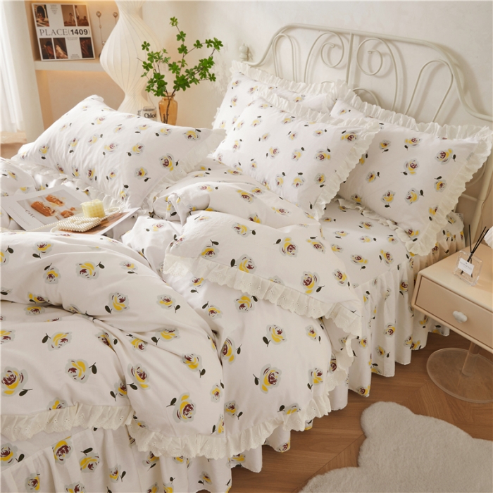 91家纺网 家纺一手货源 找家纺 十个点2024新款初遇系列 全棉床裙小清新四件套 随心自在