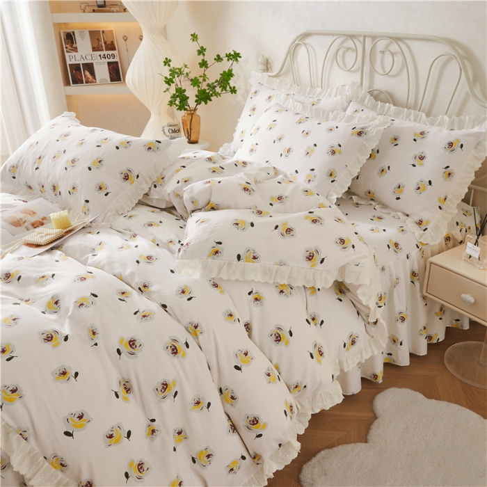 91家纺网 家纺一手货源 找家纺 十个点2024新款初遇系列 全棉床裙小清新四件套 随心自在