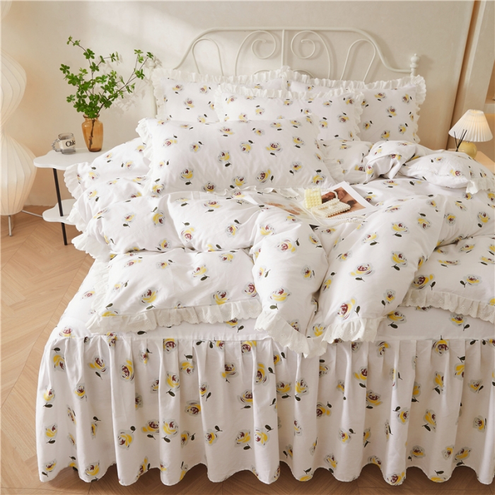 91家纺网 家纺一手货源 找家纺 十个点2024新款初遇系列 全棉床裙小清新四件套 随心自在