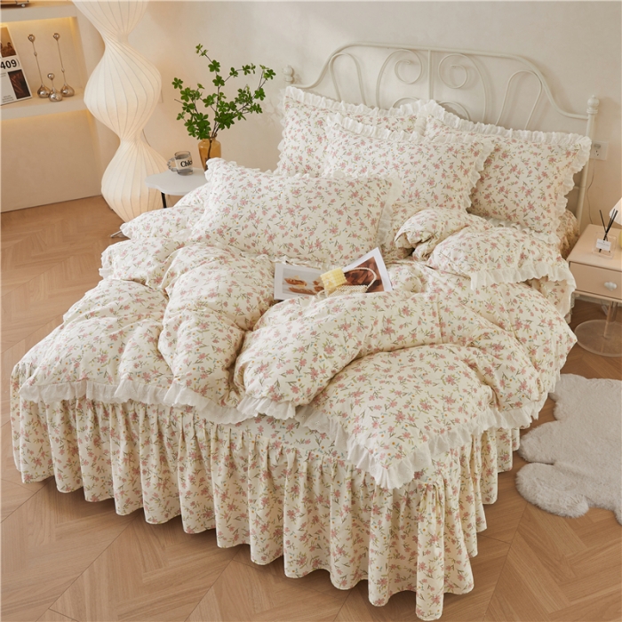 91家纺网 家纺一手货源 找家纺 十个点2024新款初遇系列 全棉床裙小清新四件套 点点星愿