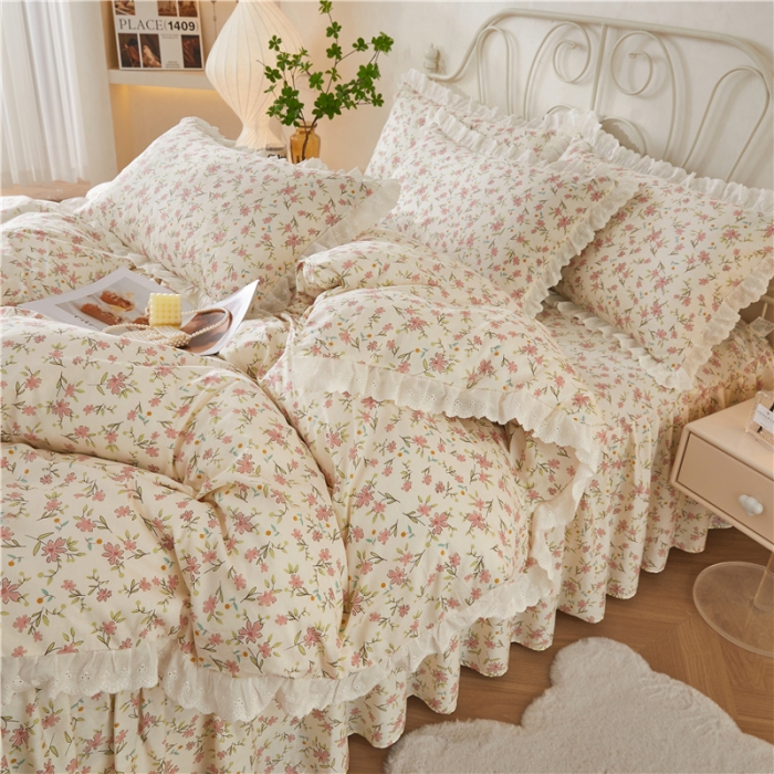 91家纺网 家纺一手货源 找家纺 十个点2024新款初遇系列 全棉床裙小清新四件套 点点星愿