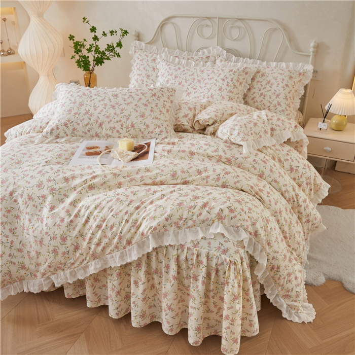 91家纺网 家纺一手货源 找家纺 十个点2024新款初遇系列 全棉床裙小清新四件套 点点星愿