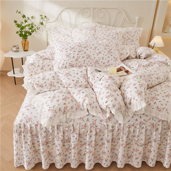 91家纺网 家纺一手货源 找家纺 十个点2024新款初遇系列 全棉床裙小清新四件套 好事花生