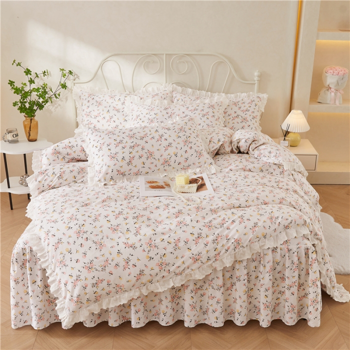 91家纺网 家纺一手货源 找家纺 十个点2024新款初遇系列 全棉床裙小清新四件套 好事花生