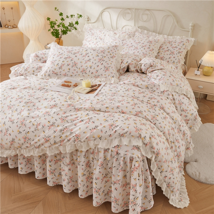 91家纺网 家纺一手货源 找家纺 十个点2024新款初遇系列 全棉床裙小清新四件套 好事花生