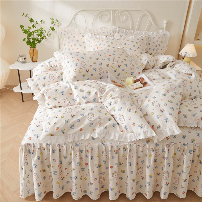 91家纺网 家纺一手货源 找家纺 十个点2024新款初遇系列 全棉床裙小清新四件套 元气兔兔