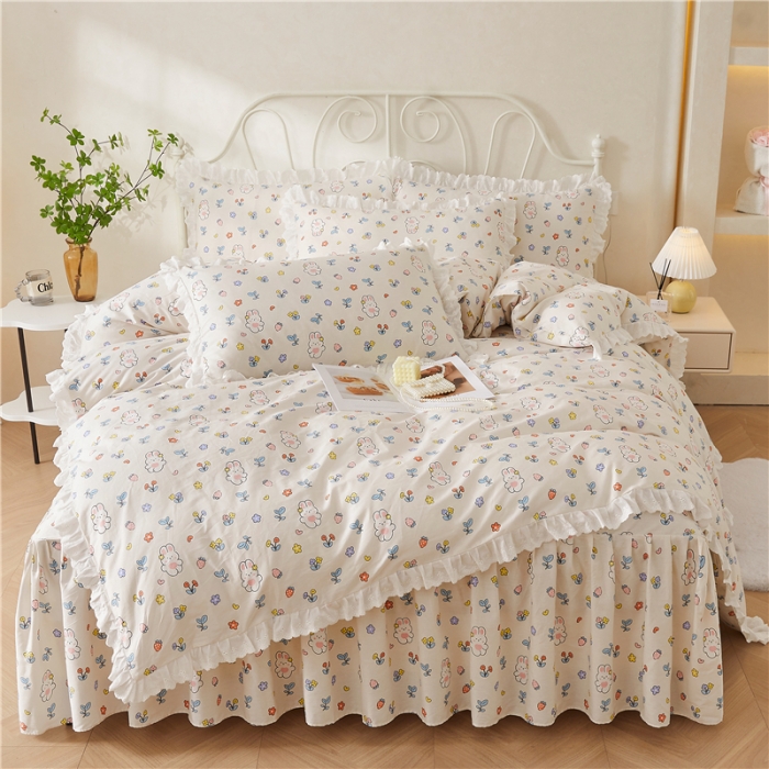 91家纺网 家纺一手货源 找家纺 十个点2024新款初遇系列 全棉床裙小清新四件套 元气兔兔