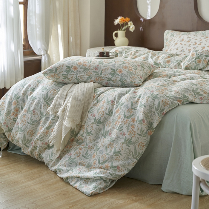 91家纺网 家纺一手货源 找家纺 荣轩家居 2023新款A类全棉双层纱印花四件套春意