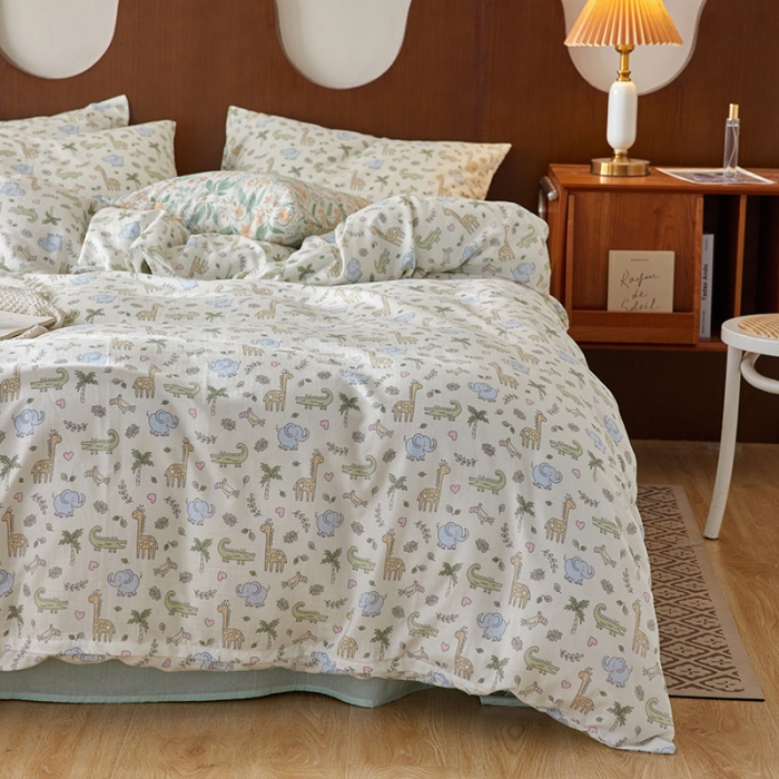 91家纺网 家纺一手货源 找家纺 荣轩家居 2023新款A类全棉双层纱印花四件套蓝色小象