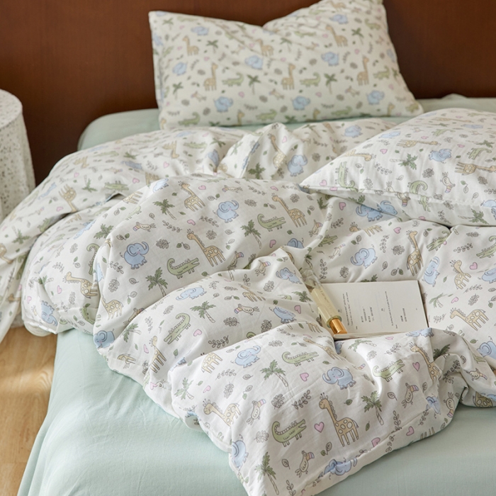 91家纺网 家纺一手货源 找家纺 荣轩家居 2023新款A类全棉双层纱印花四件套蓝色小象