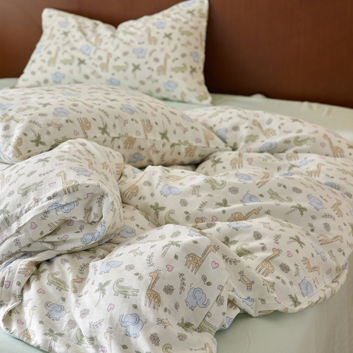 91家纺网 家纺一手货源 找家纺 荣轩家居 2023新款A类全棉双层纱印花四件套蓝色小象