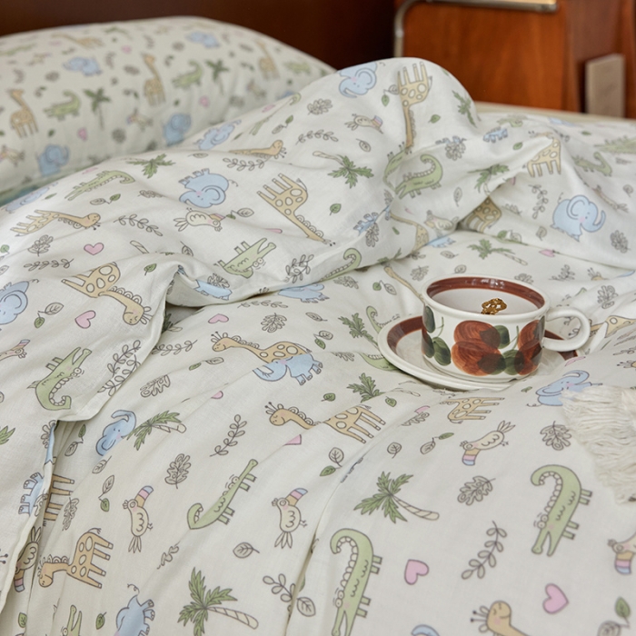 91家纺网 家纺一手货源 找家纺 荣轩家居 2023新款A类全棉双层纱印花四件套蓝色小象