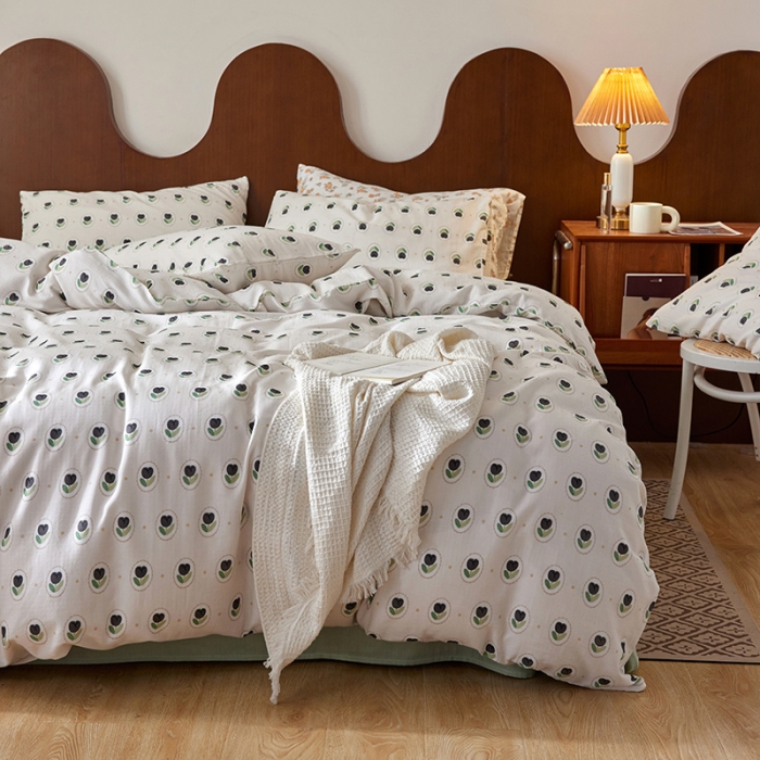 91家纺网 家纺一手货源 找家纺 荣轩家居 2023新款A类全棉双层纱印花四件套夕菲