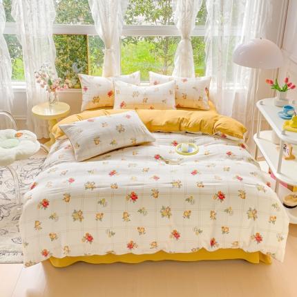 91家纺网 家纺一手货源 找家纺 (总）米瑞娜 2024新款春夏105克双层纱水洗棉麻印花四件套 