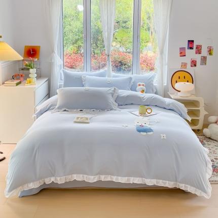 91家纺网 家纺一手货源 找家纺 麦朵家居2023新款毛巾绣花边款四件套幸福兔系列 幸福兔-兰