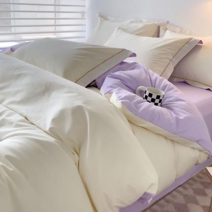 91家纺网 家纺一手货源 找家纺 202540长绒棉13372全棉纯色混搭风四件套奶昔白-浅紫