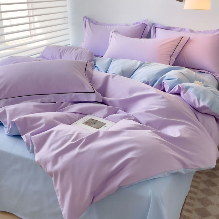 91家纺网 家纺一手货源 找家纺 202540长绒棉13372全棉纯色混搭风四件套浅紫-天蓝