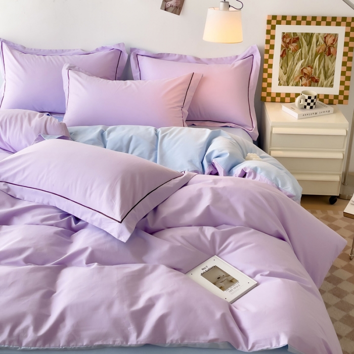 91家纺网 家纺一手货源 找家纺 202540长绒棉13372全棉纯色混搭风四件套浅紫-天蓝