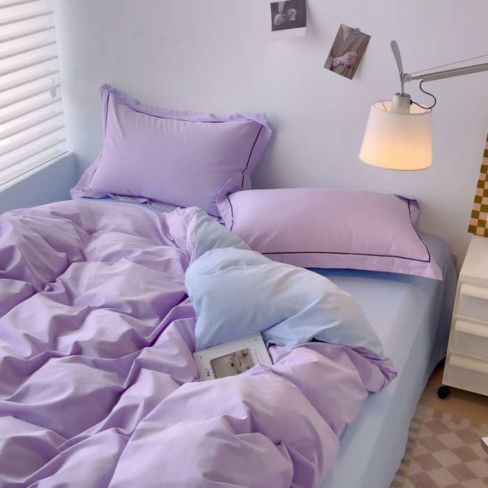 91家纺网 家纺一手货源 找家纺 202540长绒棉13372全棉纯色混搭风四件套浅紫-天蓝