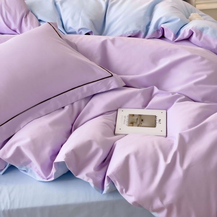 91家纺网 家纺一手货源 找家纺 202540长绒棉13372全棉纯色混搭风四件套浅紫-天蓝