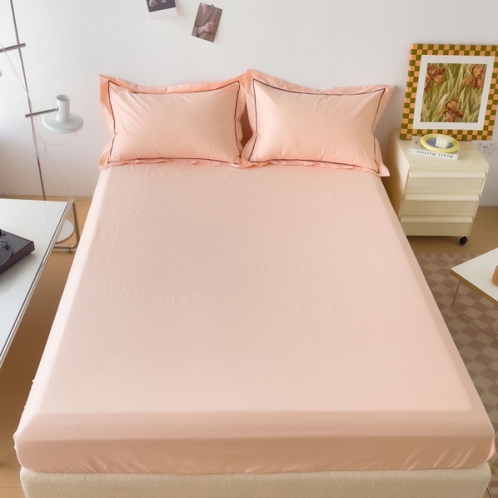 91家纺网 家纺一手货源 找家纺 2025床笠全棉纯色床笠双拼简约床笠三件套蜜桃粉