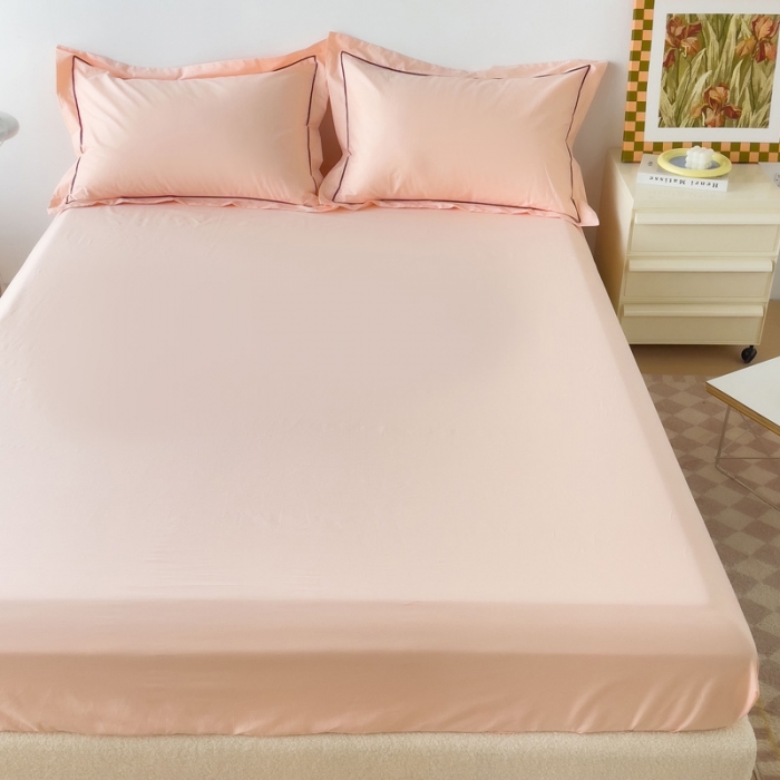 91家纺网 家纺一手货源 找家纺 2025床笠全棉纯色床笠双拼简约床笠三件套蜜桃粉