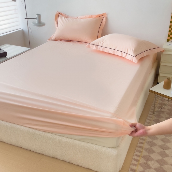 91家纺网 家纺一手货源 找家纺 2025床笠全棉纯色床笠双拼简约床笠三件套蜜桃粉