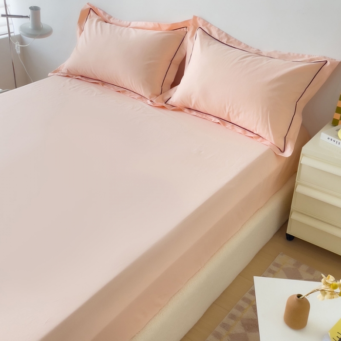 91家纺网 家纺一手货源 找家纺 2025床笠全棉纯色床笠双拼简约床笠三件套蜜桃粉