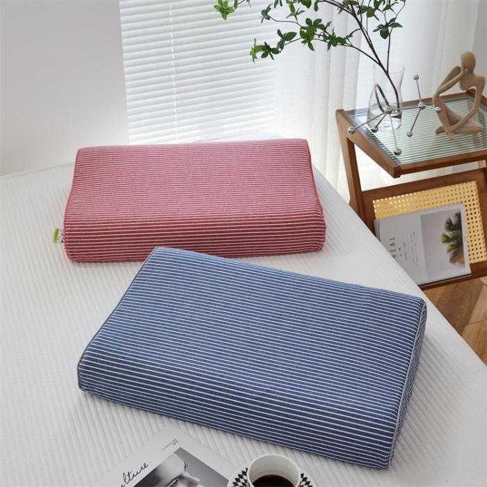 91家纺网 家纺一手货源 找家纺 新款天然乳胶枕高低平面款面料全棉水洗棉条纹面料乳胶枕头