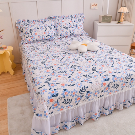 91家纺网 家纺一手货源 找家纺 2025仙女风欧根纱全棉床盖四件套 蕾丝花边夹棉纯棉床单三件套 套件