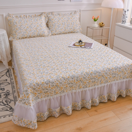 91家纺网 家纺一手货源 找家纺 2025仙女风欧根纱全棉床盖四件套 蕾丝花边夹棉纯棉床单三件套 套件