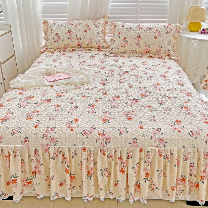 91家纺网 家纺一手货源 找家纺 （总）罗艺轩 2024新款全棉花边床笠式夹棉床裙三件套-波赛尔庄园