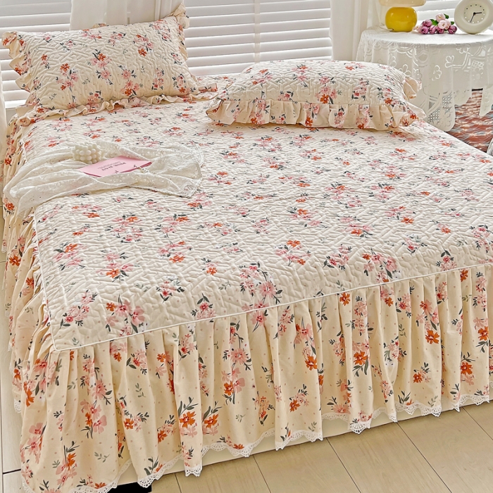 91家纺网 家纺一手货源 找家纺 （总）罗艺轩 2024新款全棉花边床笠式夹棉床裙三件套-波赛尔庄园