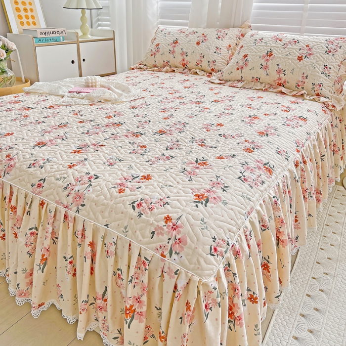 91家纺网 家纺一手货源 找家纺 （总）罗艺轩 2024新款全棉花边床笠式夹棉床裙三件套-波赛尔庄园