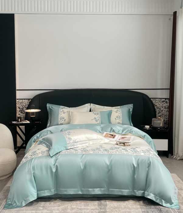 91家纺网 家纺一手货源 找家纺 2023新款3m天丝四件套维秘花园 薄荷蓝