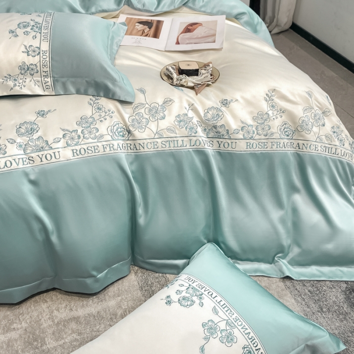 91家纺网 家纺一手货源 找家纺 2023新款3m天丝四件套维秘花园 薄荷蓝