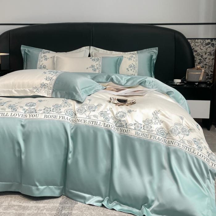 91家纺网 家纺一手货源 找家纺 2023新款3m天丝四件套维秘花园 薄荷蓝