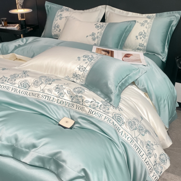 91家纺网 家纺一手货源 找家纺 2023新款3m天丝四件套维秘花园 薄荷蓝