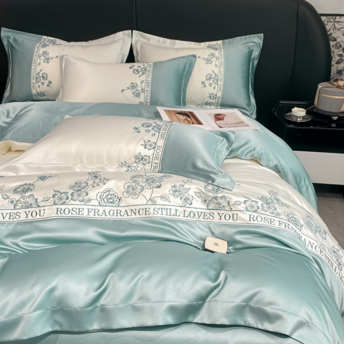 91家纺网 家纺一手货源 找家纺 2023新款3m天丝四件套维秘花园 薄荷蓝