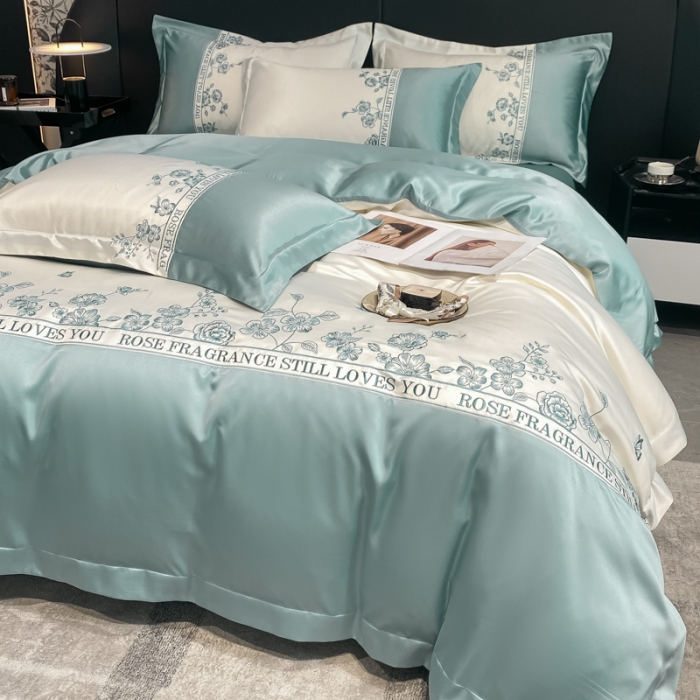 91家纺网 家纺一手货源 找家纺 2023新款3m天丝四件套维秘花园 薄荷蓝