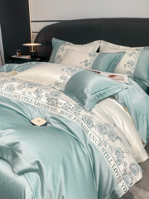 91家纺网 家纺一手货源 找家纺 2023新款3m天丝四件套维秘花园 薄荷蓝