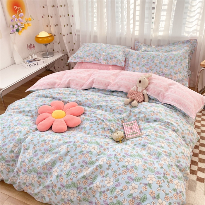 91家纺网 家纺一手货源 找家纺 多品家纺 2023新款12868全棉印花四件套系列第二批 春暖花开—蓝